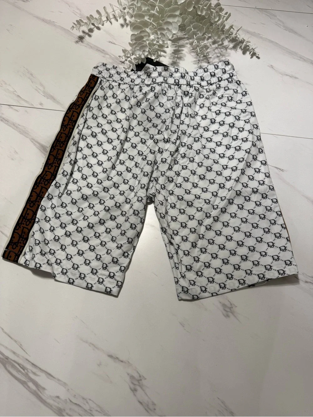 Men's White Patterned Swim Shorts with Brown Trim